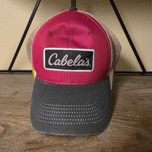 Cabelas Mens Maroon Gray Mesh Back Trucker Hat Cap‎ Adjustable Casual